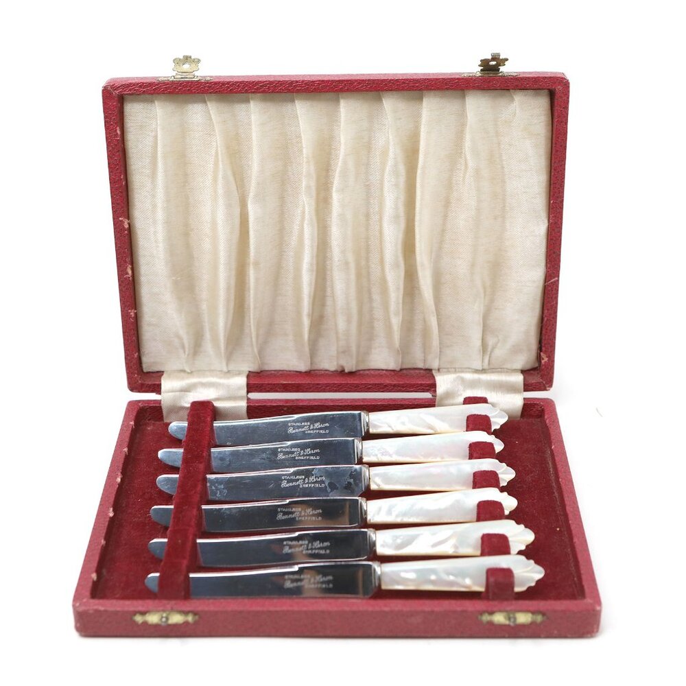 Vintage Bennett & Heron Sheffield Dessert Knives Set of 6 | Mother of Pearl Hand